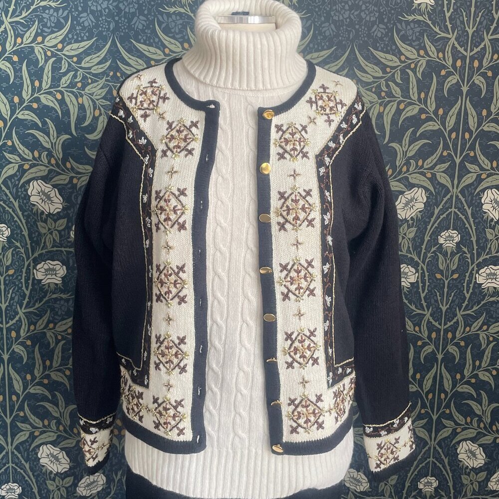 Vintage Grandma Chic Cardigan Black & White Beaded Cotton Ramie Button Up - Picture 1 of 9